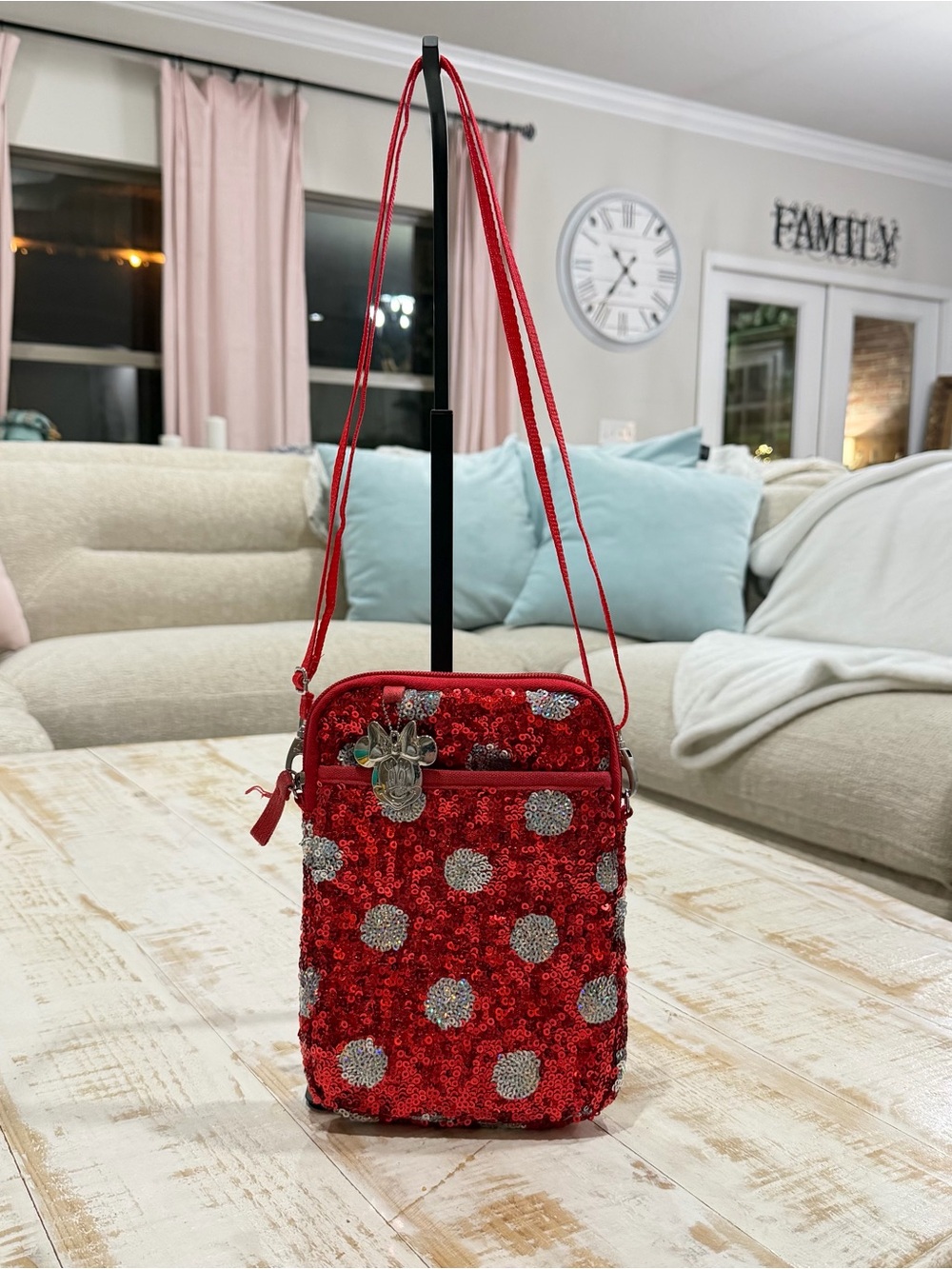 Disney Parks Red Sequins Polka Dot Crossbody Bag Red and White Minnie Mouse - Picture 7 of 14